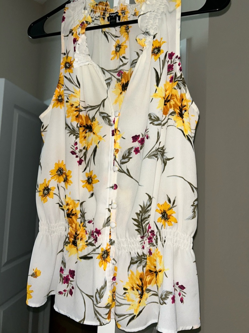Express White Sleeveless Top with Yellow Floral Print
